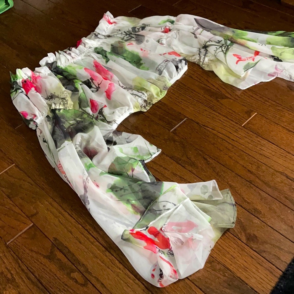 Satin Sheer off the Shoulder Flare Sleeve Crop Top